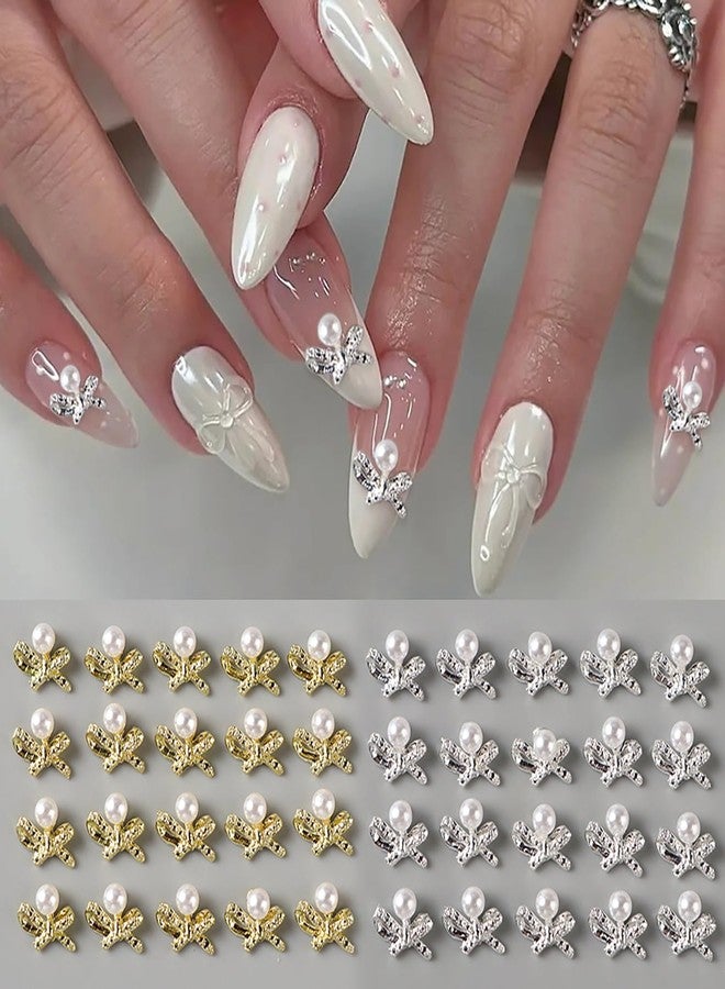 CJDLTS Bow with Pearl Nail Art Accessories Mix Stereo Matel Nails Decoration 30 Pcs Gold & Silver Sweet Bow with Pearl Nail Supplies Suitable Women Daily Manicure Decoration - Image 2